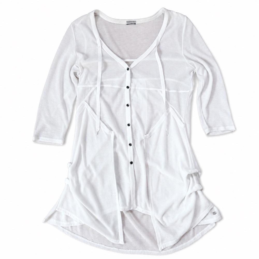 Point Zero Womens Sheer Knit Button Front Cardigan White 3/4 Sleeve Pockets L